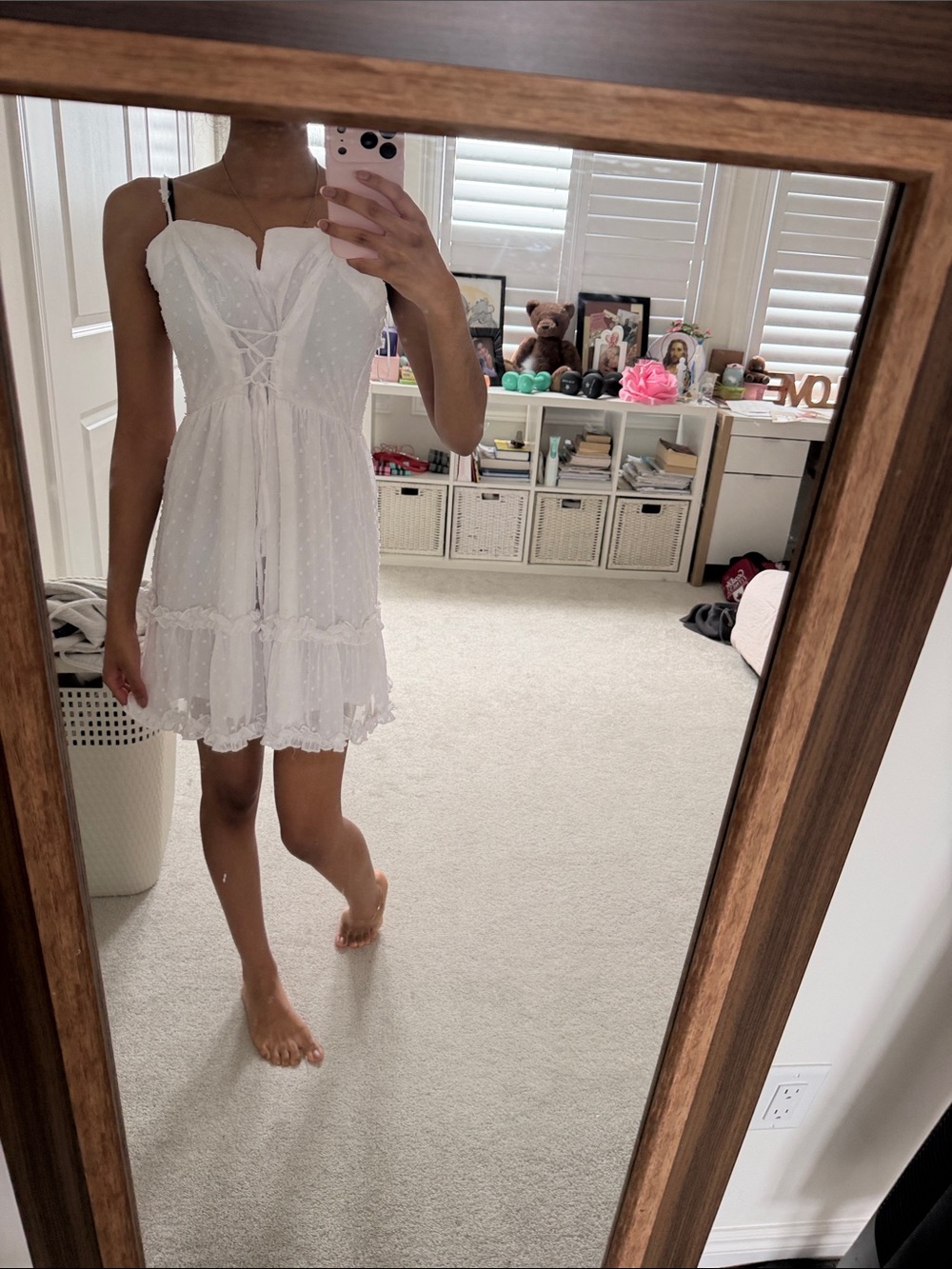 Francesca's Collections White Swiss Dot Lace-Up Mini Dress